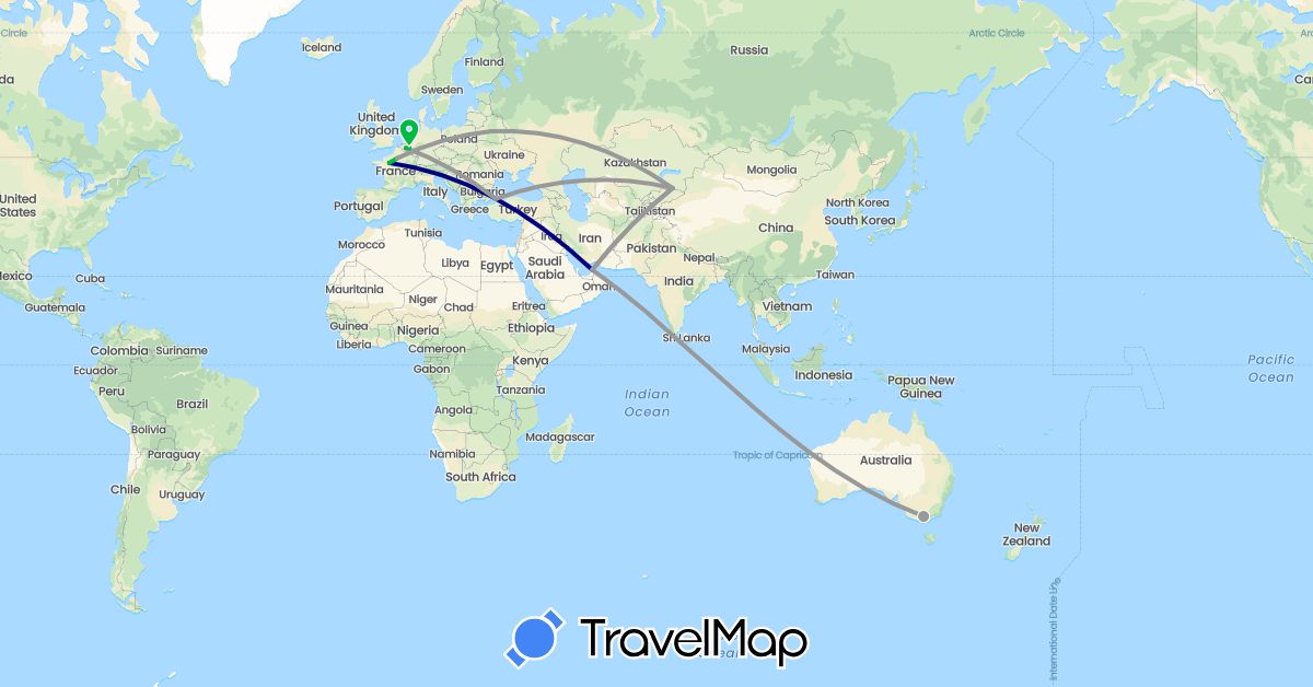 TravelMap itinerary: driving, bus, plane in United Arab Emirates, Australia, Belgium, Belarus, France, Kazakhstan, Turkey (Asia, Europe, Oceania)